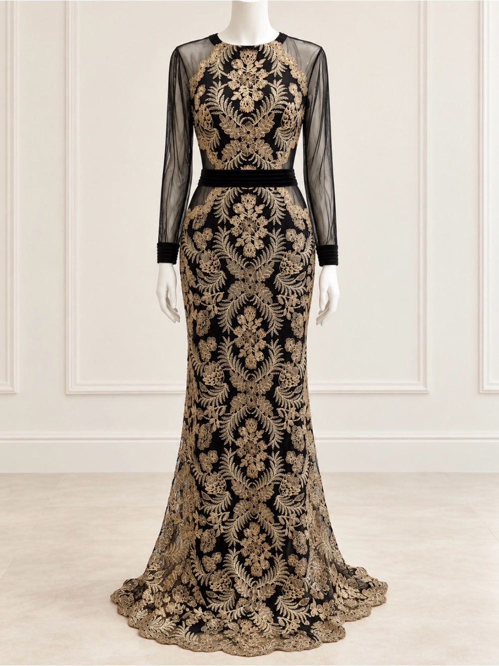 Tadashi Shoji Black & Gold Lace-Embroidered Sheer-Sleeve Gown - Picture 2 of 12